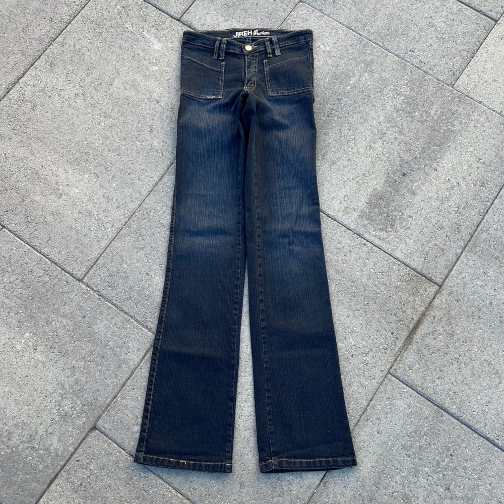Jireh Premium Dark Wash Flared Jeans Y2K Low Rise Embroidered Pockets Size 38